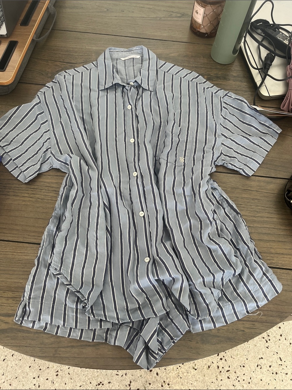 Light Blue & Silver Striped Short-Sleeve Shirt - with shorts - VICTORIA SECRET